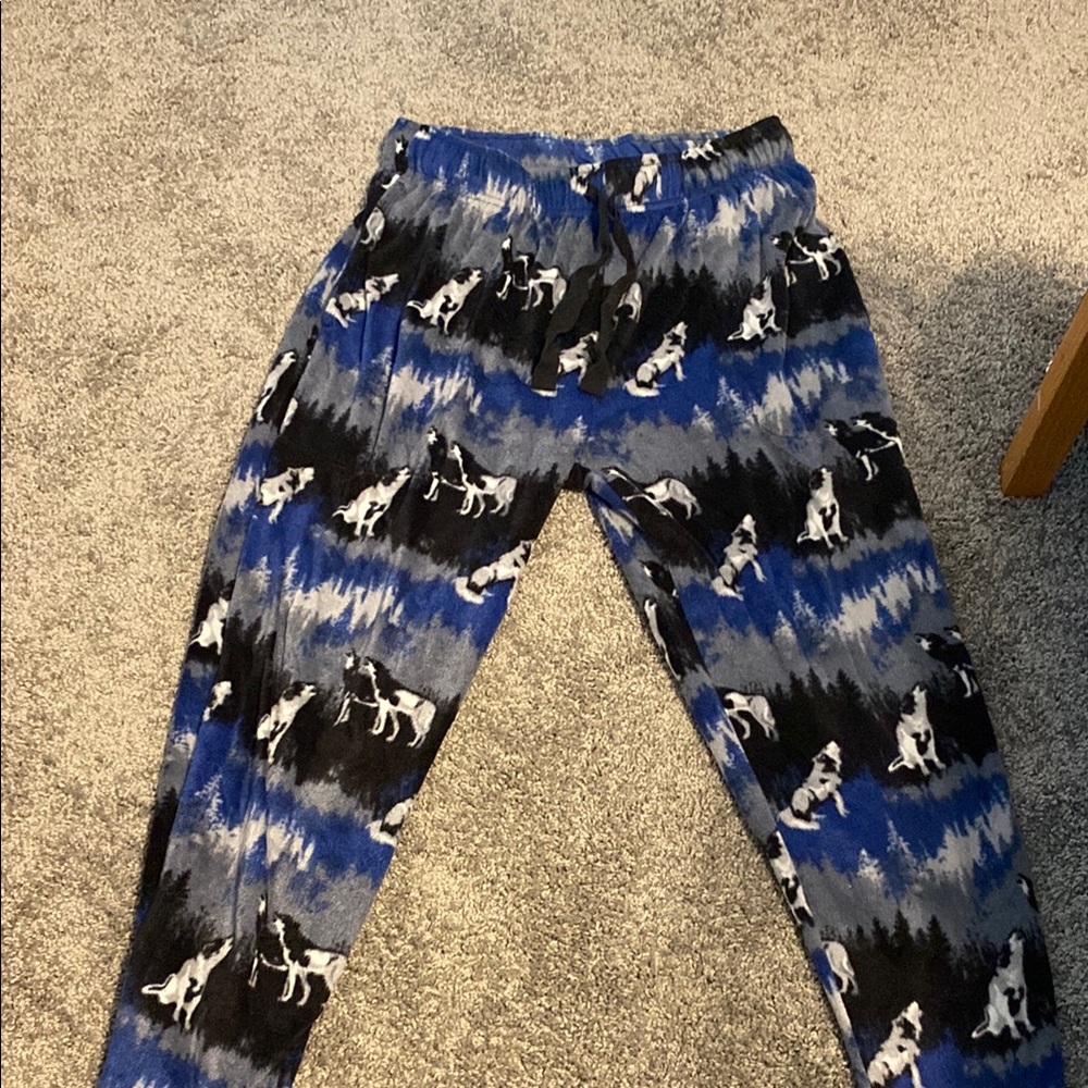 Blue and Black Wolf Print Pajama Pants